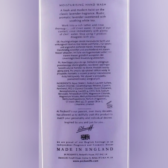 Pecksniff's Moisturizing Hand Soap LAVENDER & WHITE TEA London 16.9oz - Picture 2 of 2